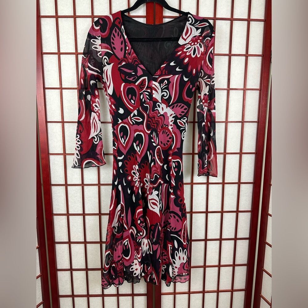 Y2K Groovy Romantic Geometric Pink Red Long Sleeve Fairy Knee Length Dress